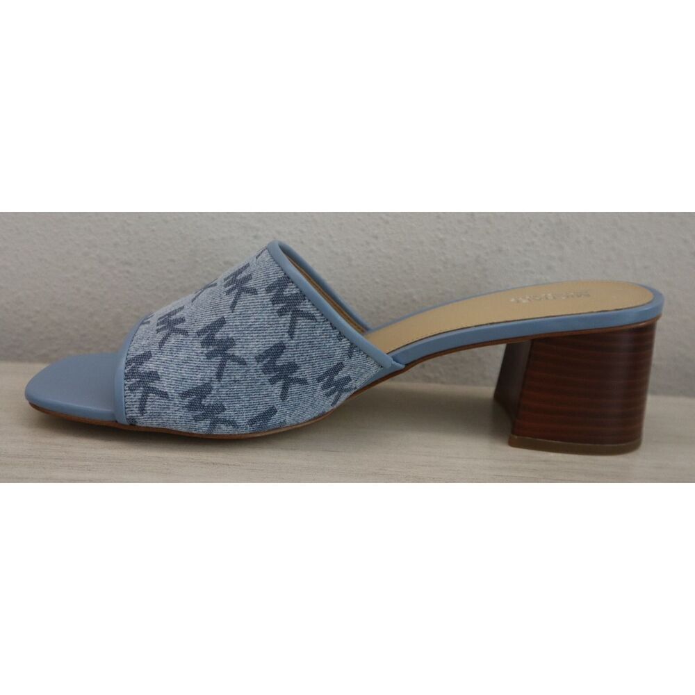 Michael Kors PV24K Women Sz 11M Blue Denim Logo Print Heeled Slides Sandals - Picture 5 of 10